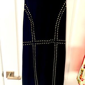 Navy blue and gold button dress.